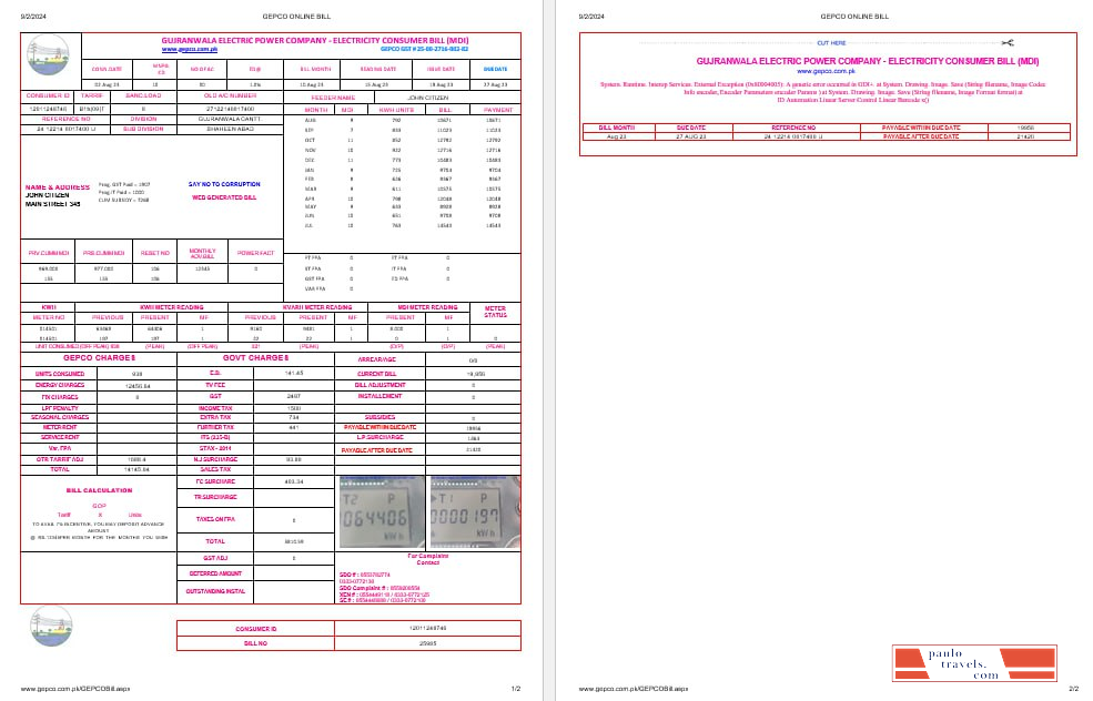 Pakistan Gujanwala electric power company electricity utility bil Word and PDF formats, 2 pages